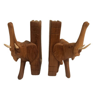 Vintage Hand Carved Wood Elephant Book Ends Unique Solid Olive Wood Unique 6"